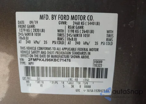 2019 Ford Edge Sel from USA, damaged, VIN 2FMPK4J96KBC71476